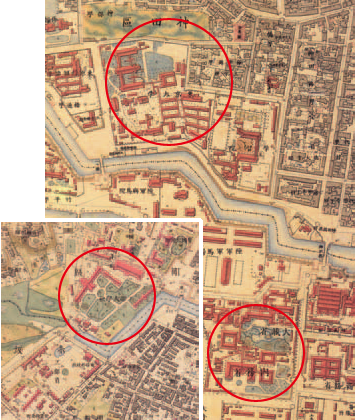 工部大学校(本郷移転までの帝国大学工科大学)、 東京大学、内務省(旧姫路藩上屋敷) (1883年「東京府武蔵国麹町区大手町及神田区錦町近傍(右)」及び 「東京府武蔵国芝区南佐久間町及愛宕町近傍(左)」 参謀本部陸軍部測量局:五千分一東京図測量原図 日本地図センター)